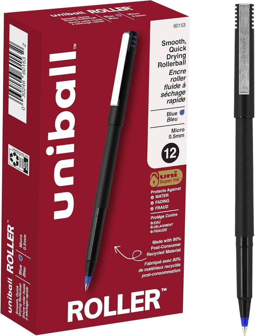 uniball Roller Ball Stick Pens, 0.5 mm Micro Tip, Blue, Pack of 11