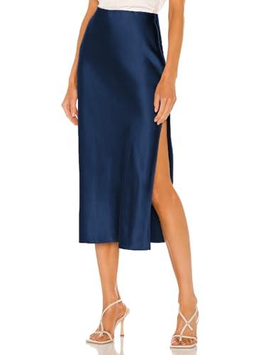 Skrtimory Womens Satin Silk High Waist Slit Midi Skirt Elastic Waistband Midi Skirts for Women Navy Blue, M Size