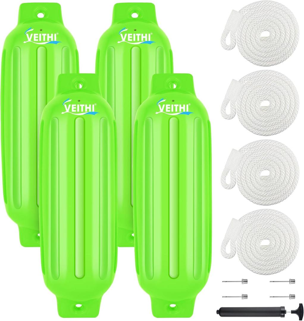 VEITHI Large Boat Fenders 4Pack 8.5 x 27,Ribbed Twin Eyes Vinyl Boat Bumpers Fenders,Boat Bumpers for Docking Come with Ropes Needles and Pump to Inflate,Pontoon Boat Fenders for Docking Neon Green 