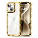 SKYLMW Compatible with iPhone 15 Case, Kawaii Cute Curly Wave Frame Luxury Plating Edge, Stylish Glossy Clear Back, Soft TPU Shockproof Protective Cases for iPhone 15, Gold