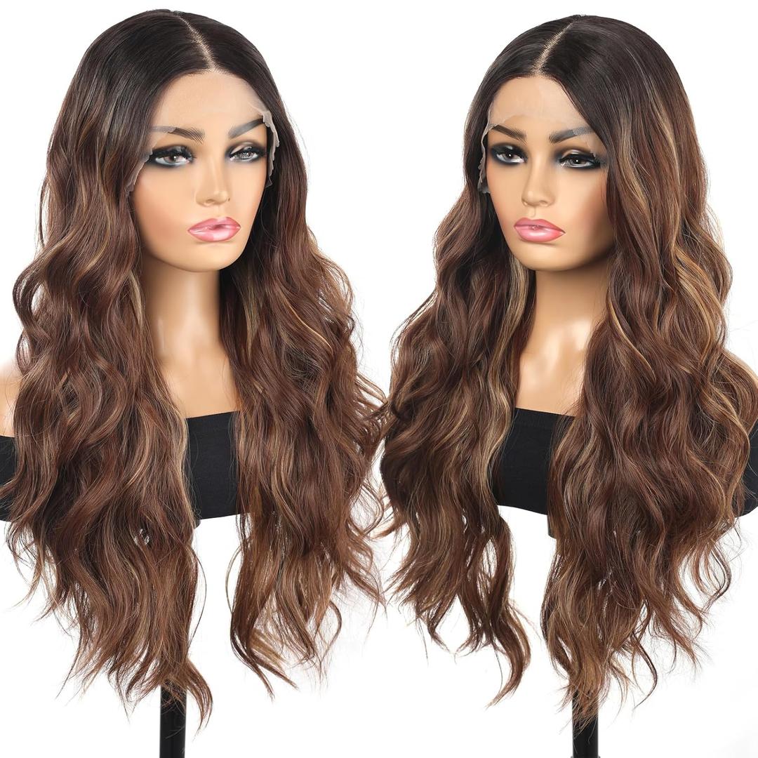Lace Front Wig Balayage Pre Plucked Ombre Brown Highlight 13x4x1 Wigs for Women Ready to Wear HD Glueless Natural Long Wavy Wig for Women Middle Part Soft as Human Hair