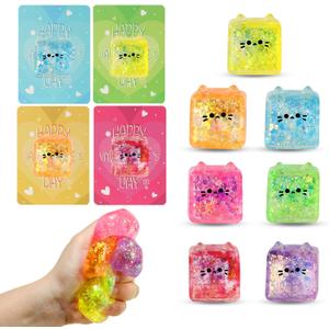 28 Pack Fidget Squishy Toys - Square Cat Shaped Stress Balls & Cards Set, Glitter Squishy Fidget Toys for Classroom Exchange, Party Favors, Anxiety Relief