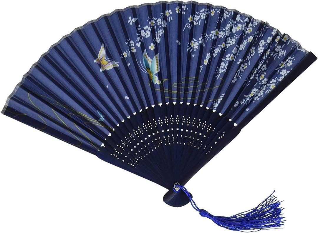 Floral Patterned Hand Fans, Vintage Silk and Japanese Lace Designs with Bamboo Frames, Handheld Folding Fans Perfect for Weddings, Parties and Church Events (Dark Blue With Butterflies)