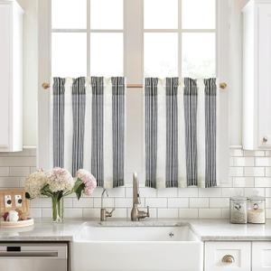 DriftAway Kitchen Tier Curtains - Striped Linen Short Pinstripe Cafe Curtains 24 Inch Length for Living Room Bathroom Chris Farmhouse Rustic Rod Pocket 2 Panels Black