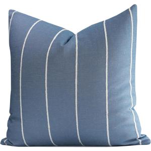 Crumbs Home Coastal Linen Indoor Outdoor Throw Pillow Cover Only, 22"x22" Water Repellent for Patio, Backyard, Couch, Azure Blue Embroidered Stripes