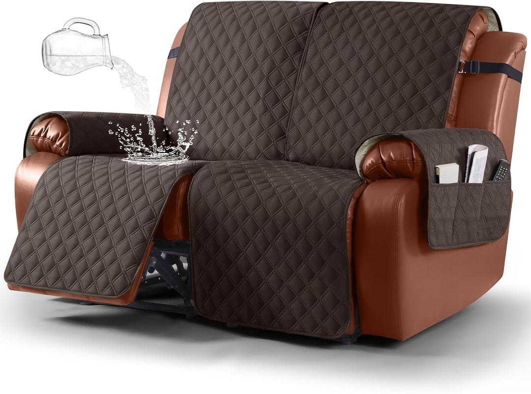 Ruaozz Waterproof Recliner Sofa Covers, 1-Piece Couch Covers for Reclining Couches Reclining Couch Cover Washable Furniture Protector with Elastic Straps Pocket for Kids Pets (Chocolate, XL 2 Seater)