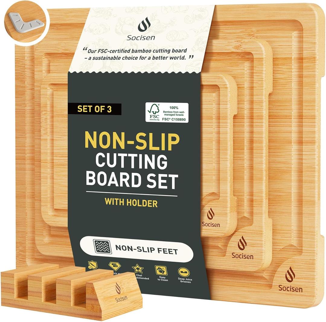Bamboo Cutting Board Set Non Slip Feet with Holder Over Sink Kitchen Gadgets Seller 2025 First Apartment Must Haves Things Stuff Accessories House Warming Decor Housewarming Hostess Host Gifts (Natural)