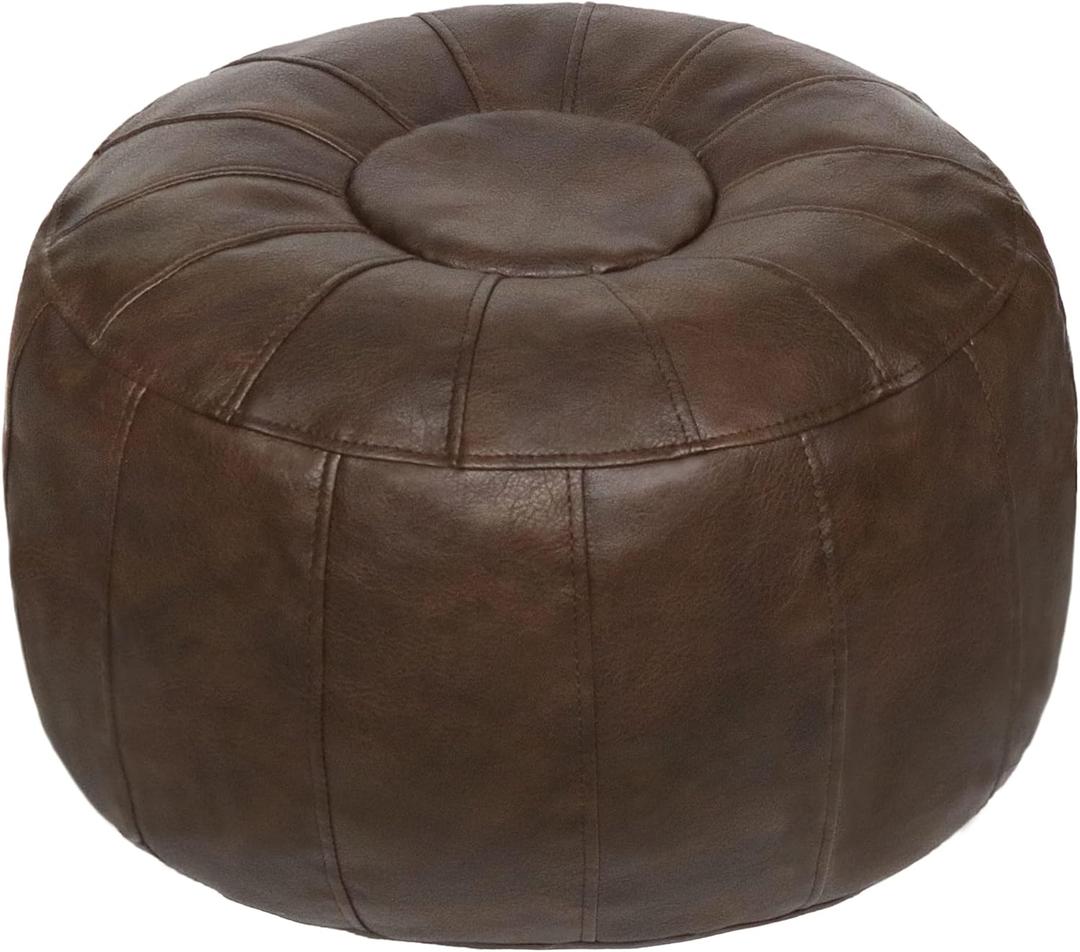 Thgonwid Unstuffed Moroccan Pouf Ottoman Cover - Handmade Round Faux Leather Foot Stool with Large Storage, Bean Bag Floor Chair & Foot Rest for Living Room, Bedroom, Balcony (Deep Coffee)