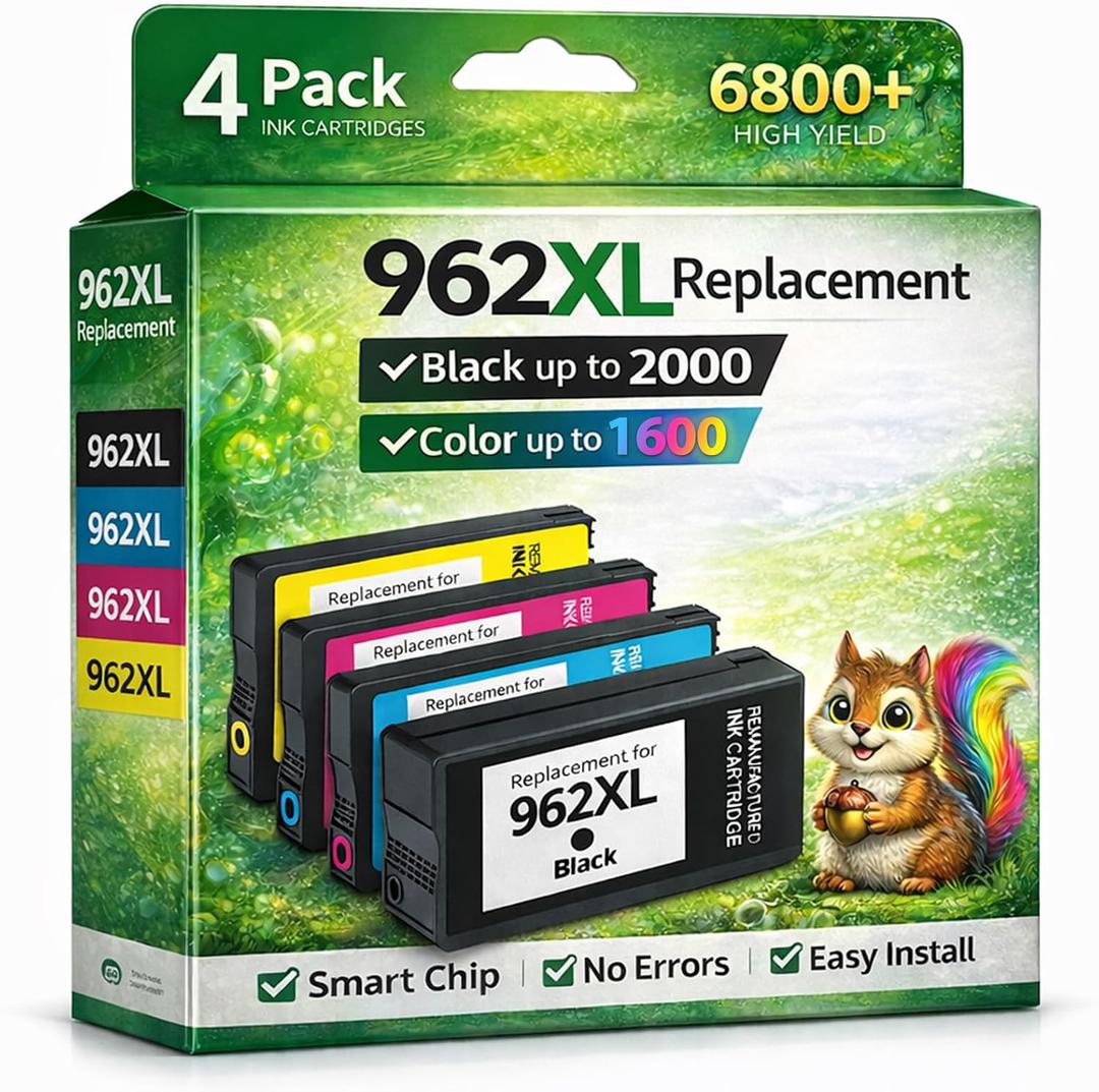 962XL Ink Cartridges Combo Pack Replacement for HP 962XL 962 Black and Color Ink Cartridges Work for HP Officejet Pro 9010 9015 9018 9020 9025 9026 9019 9012 9013 9014 9016 9022 9023 Printer (4 Pack)