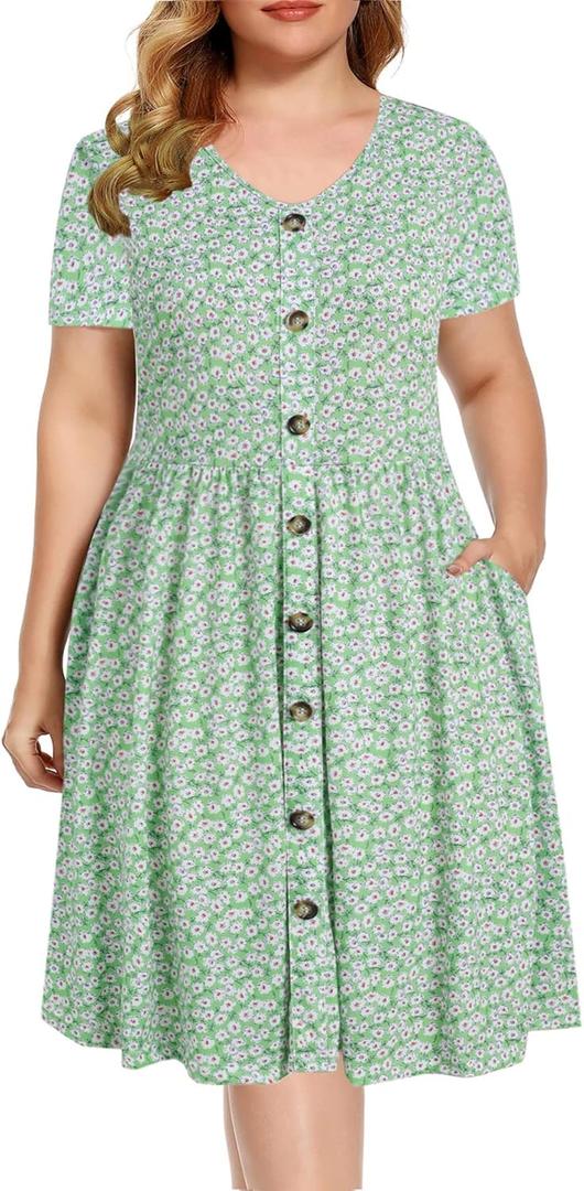 BEDOAR Women's Casual Plus Size Dress V-Neck Knee-Length A-Line Party Cocktail Swing Dress with Pockets (Green)