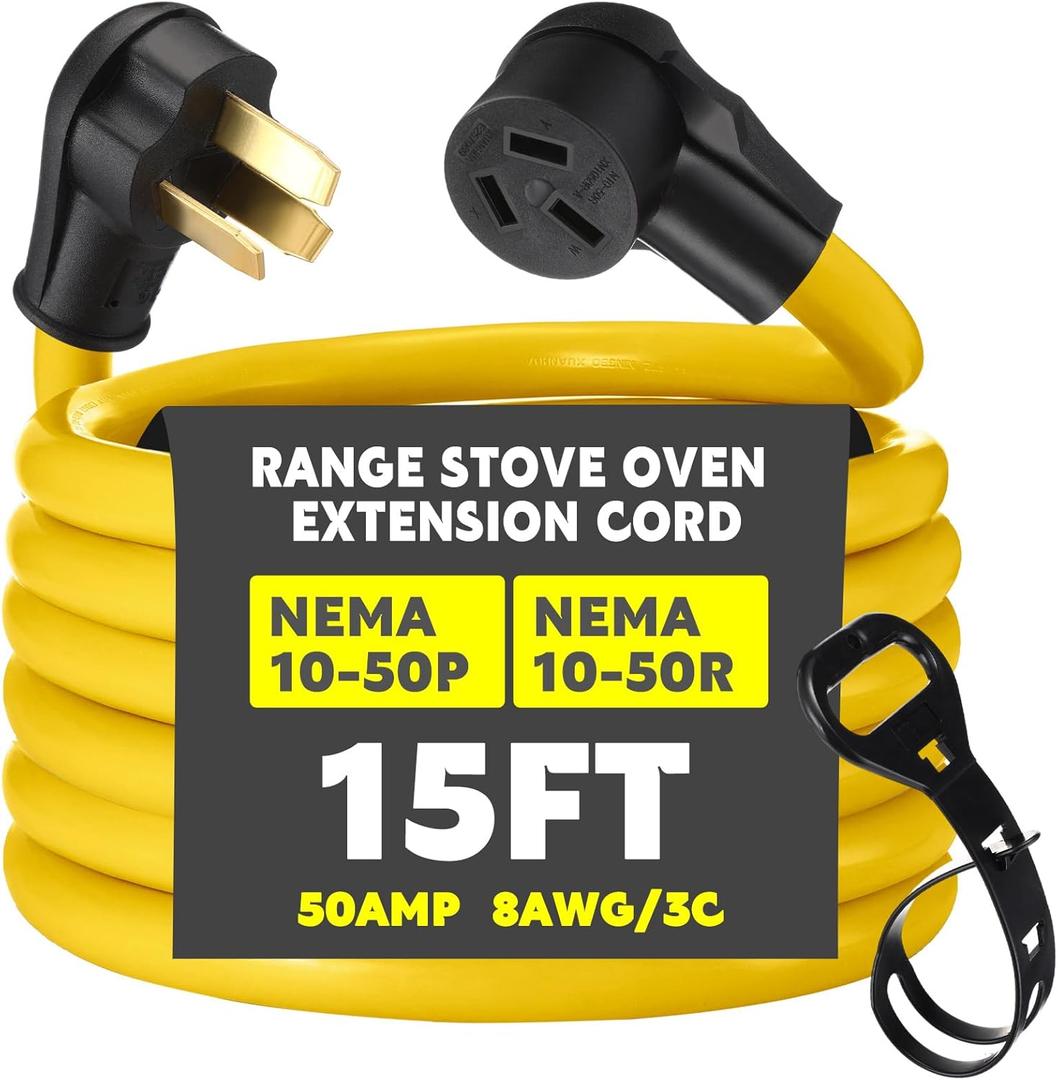 15ft 10-50 50Amp Extension Cord Compatible with NEMA 10-50 Male Plug to 10-50 Female Receptacle, 50 A 3 Prong Electric Range Oven Stove Extension Power Cord, STW 8 AWG/3C Gauge, 250V, 12500W