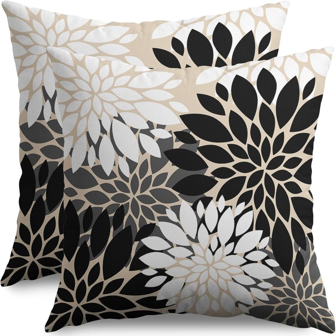 Black White Grey Gray Pillow Covers 18X18 Inch Set of 2, Modern Geometry Dahlia Floral Print Decorative Throw Pillow Covers Outdoor Farmhouse Cushion Case for Home Couch Sofa Bed Decoration