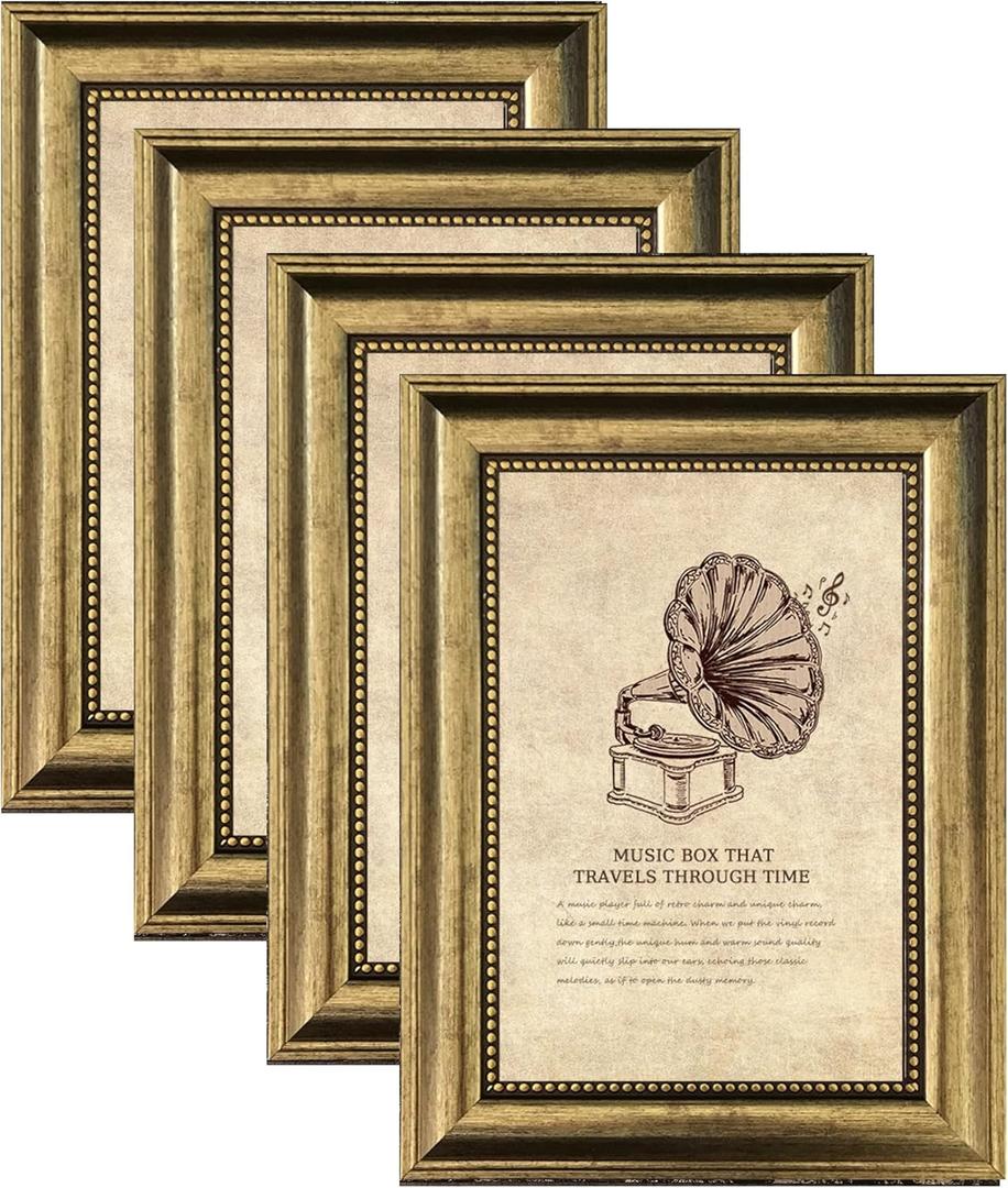 4x6 Picture Frame with Real Glass, 4 Set Ornate Vintage Picture Frames for Wall or Tabletop Display, Gold 4 x 6 Frame for Wall Home Best Gift