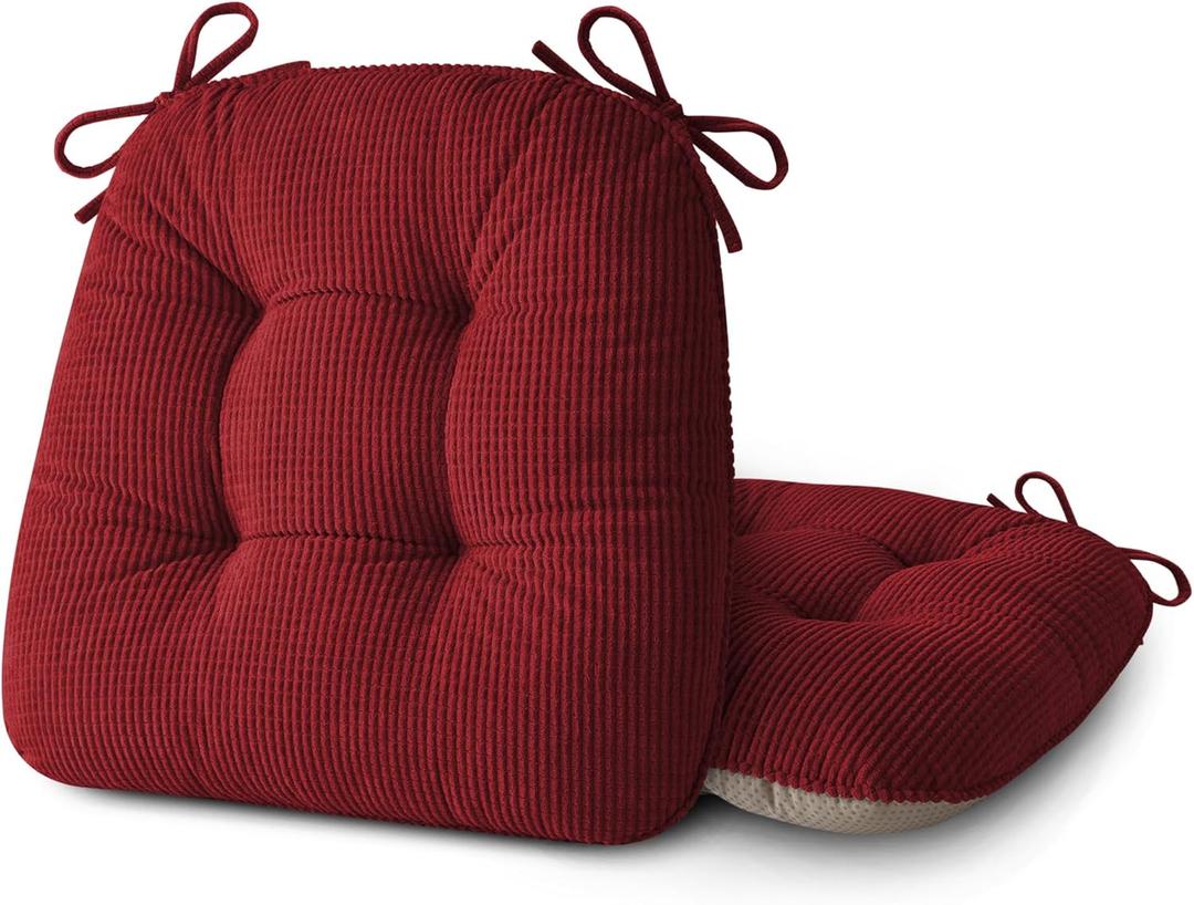 ELFJOY Dining Chair Cushions Thick Non Slip Kitchen Chair Pads with Ties Comfortable Indoor Kitchen Seat Cushions 18" x 18" x 3" (2, Red)