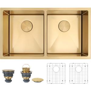 LQS 32" x 18" Undermount Kitchen Sink, Gold Kitchen Sink, 50/50 Double Bowl 16 Gauge Stainless Steel Sinks with Accessories