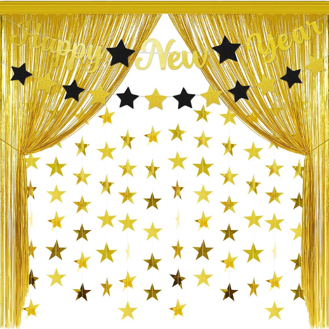 AceOrbit 2026 Happy New Year Decorations Gold Backdrop Birthday Decorations Foil Curtain Backdrop Gold Streamers Garland Star Hanging Bunting Banner Sign DIY for Happy New Year Eve Party Supplies