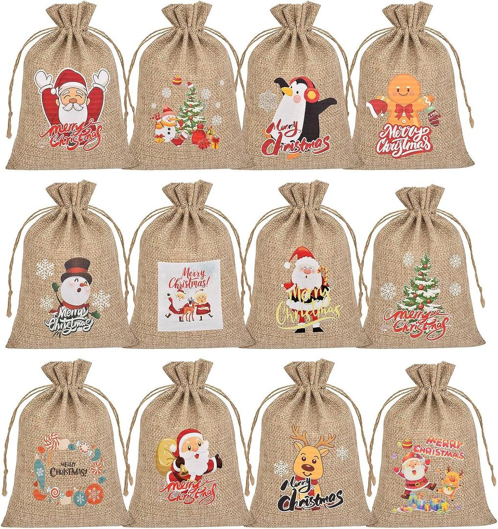 Christmas Small Burlap Bags with Drawstring, Burlap Gift Bags Christmas Linen Treat Sacks Gift Wrapping Bags Xmas Holiday Party Favors Bags(7x5 inch, 24 Pcs)