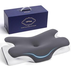 Vipfree Cervical Cooling Ergonomic Pillow, Adjustable Ergonomic Memory Foam, Cervical Support & Relieves Neck and Shoulder Pain, Orthopedic Pillow for All Sleep Positions (Grey White)