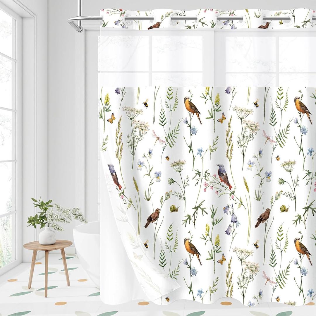 No Hook Sage Green Cute Floral Shower Curtain and Liner Set, Modern Fabric Shower Curtain with Snap in Liner, Watercolor Birds, Butterflies, Snails & Flower Design, 72 x 74