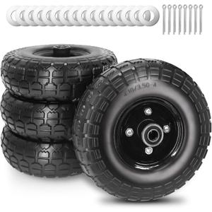 10" 4.10/3.50-4 Flat Free Solid Polyurethane Tire and Wheel with 5/8" Axle Borehole, 2.1" Offset Hub for Wheelbarrow,Hand Truck,Generators (4Pack Black)