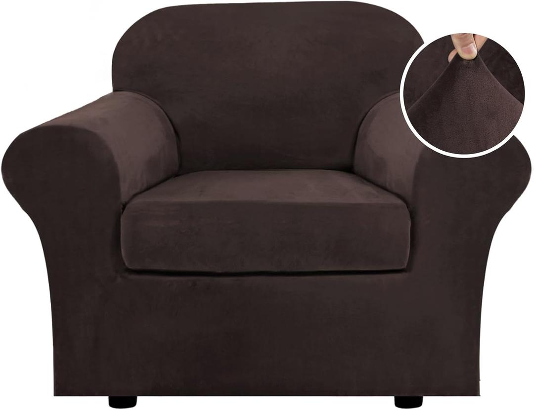 H.VERSAILTEX Rich Velvet Stretch 2 Piece Cover Chair Slipcover Sofa Cover Furniture Protector Couch Soft with Elastic Bottom Chair Couch Cover with Arms Width Up to 49 Inch (Chair,Brown)