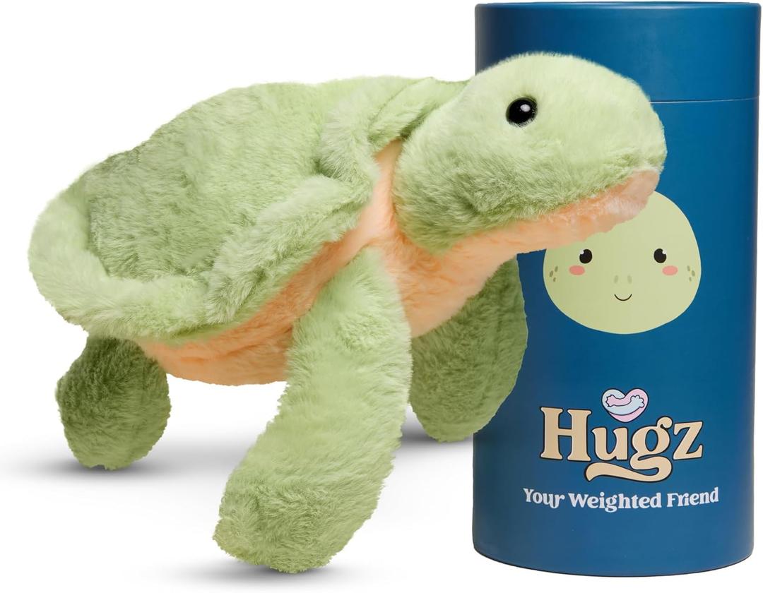 Hugz Official Shelly The Turtle - Premium Weighted Stuffed Animal Plushie 3.8 lb for Adults & Kids - Microwavable Heatable & Coolable Super Soft Fur Gift Ready Tube Packaging