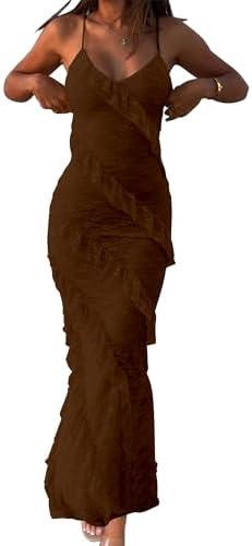 HOCILLE Women's Sexy V Neck Floral Lace Wedding Bodycon Spaghetti Strap Elegant Ruffle Maxi Cocktail Party Dresses, XS