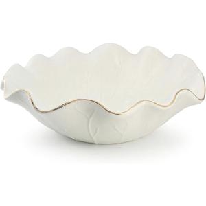 10 Inch White Shallow Handmade Ceramic Lotus Leaf Bowl with Gold Rim, Large Decorative Fruit Bowl for Kitchen Counter, Coffee Table Decor, Dining Table Centerpiece & Entryway Key Bowl