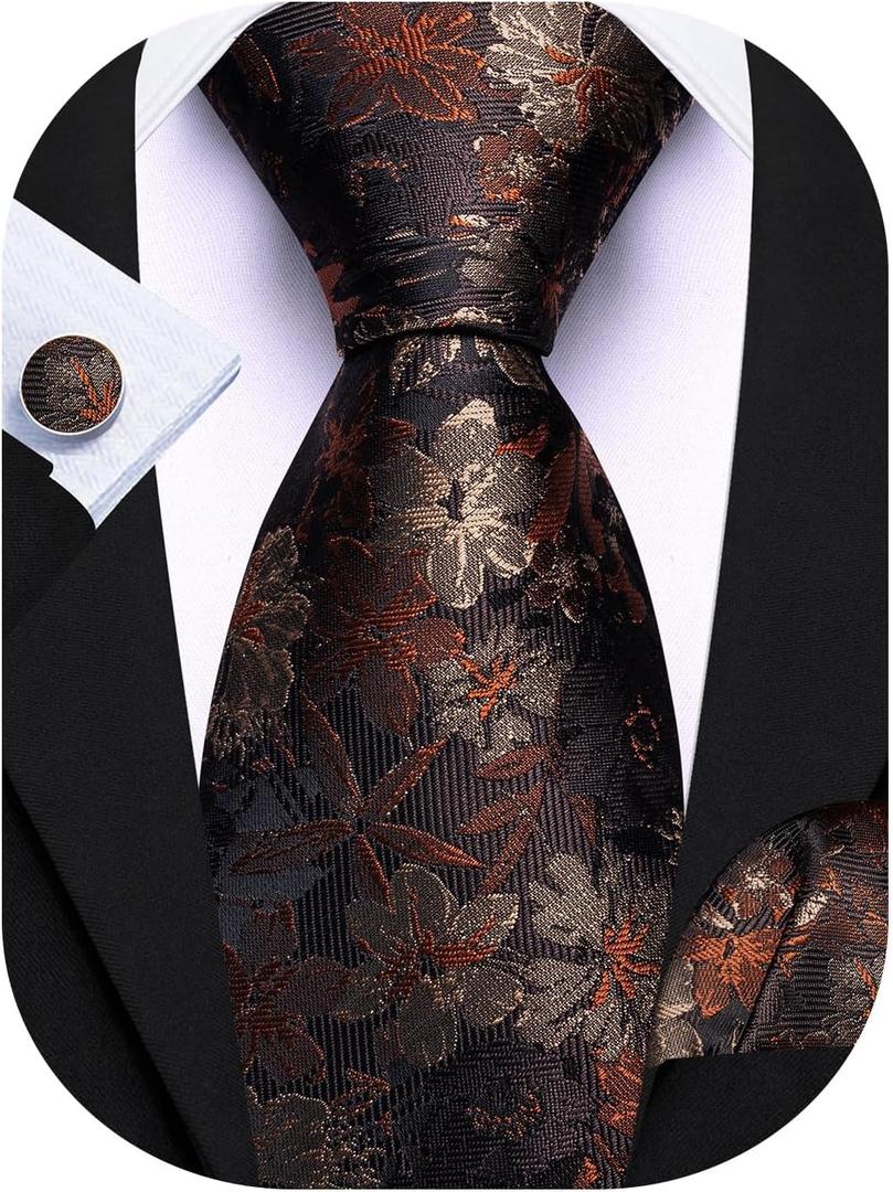 Barry.Wang Men Tie Set Floral Paisley Silk Necktie Pocket Square Cufflinks Woven Jacquard,Classic Neck Ties, for Formal,Wedding,Party,Business,Prom,Graduation, One Size