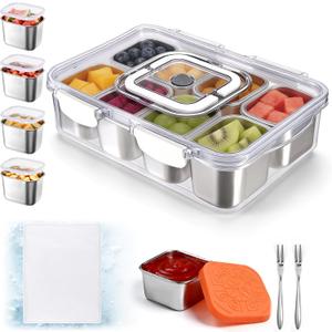 Qtencas Snackle Box Container with 8 Portable Removable Compartments, Ice Pack, Sauce Cup & Fork, Stainless Steel Divided Serving Tray with Lid and Handle for Road Trips Beach Camping