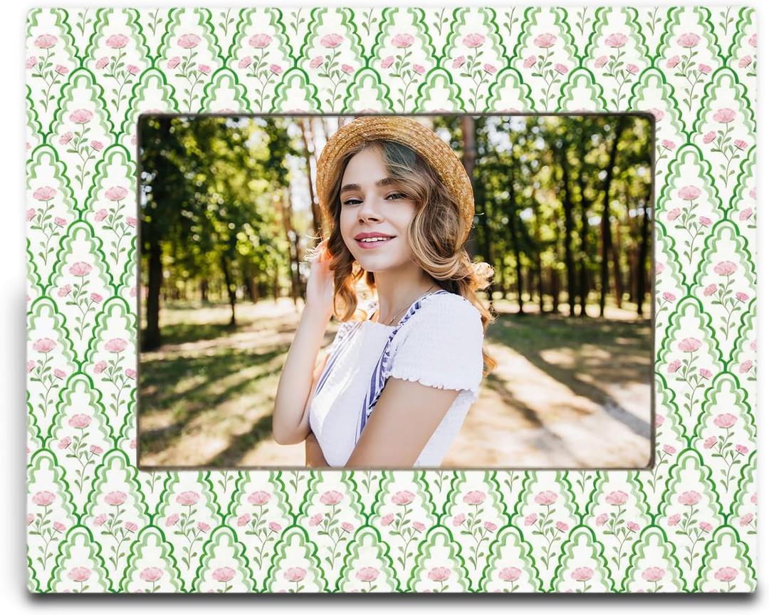 SNNDER Pink and Green Chinoiserie Floral Picture Frame 4x6, Grandmillennial Flower Photo Frame, Rustic Cottagecore Wild Flower Wooden Picture Photo Frames for Desk Tabletop Wall Display Decoration