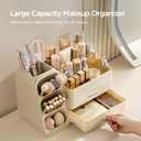 HBlife Makeup Organizer with Brush Holder for Vanity, Large Plastic Bathroom Countertop Organizer Skin Care Storage, Easy to Store Lipsticks, Nail Polishes, Perfumes, Eyeshadow Palettes, All Beige