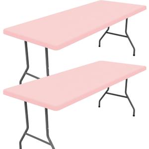 Moosfor Spandex 6 Foot Rectangle Table Cloth 2 Pack, Elastic Fitted Tablecloths for Picnic, Stretch Washable Patio Table Cover for Outdoor, Camping, Banquet and Parties (Pink, 30"x72")