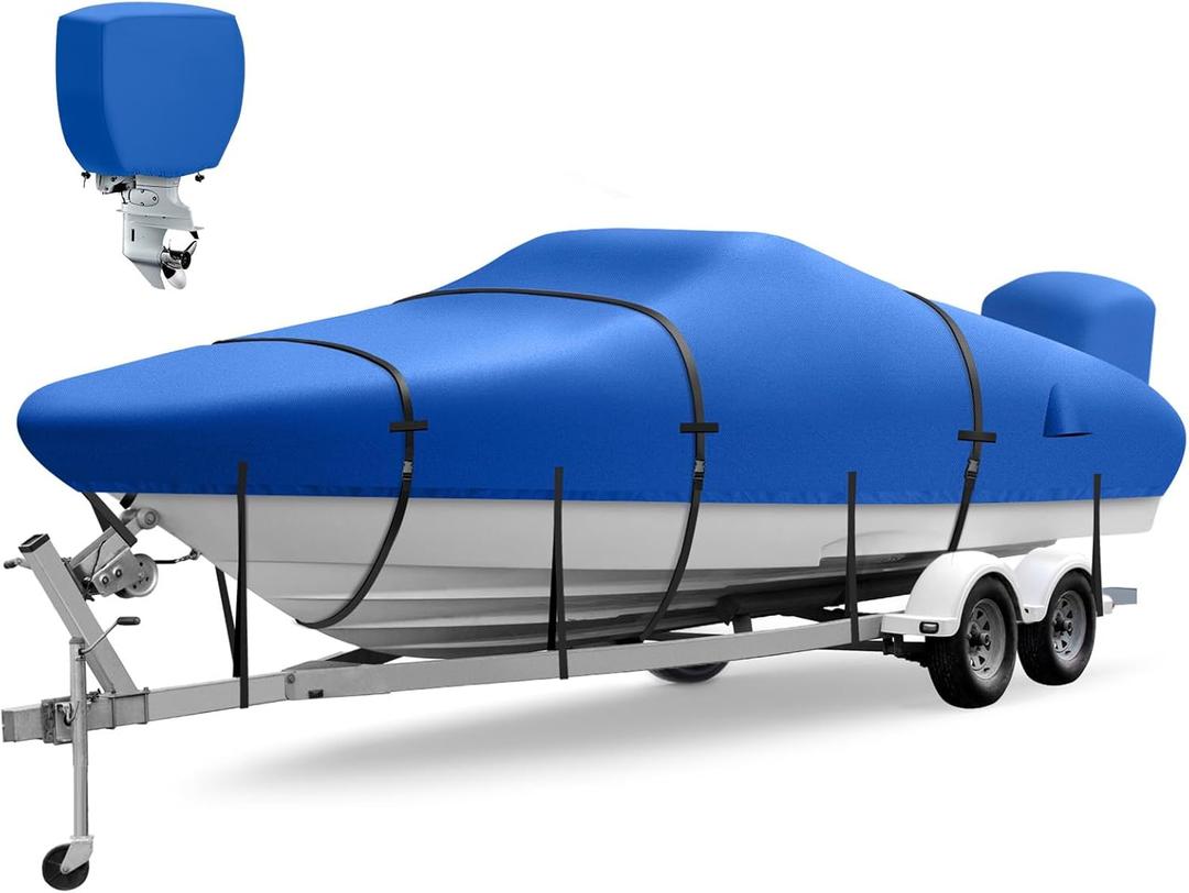 Boat Cover 17-19 ft, Upgraded 1800D Boat Cover, 6000Pa Waterproof Heavy Duty Boat Covers with Motor Cover Fits BassBoat, V-Hull Tri-Hull Boat, Runabout Bowrider, 17' 18' 19', Blue