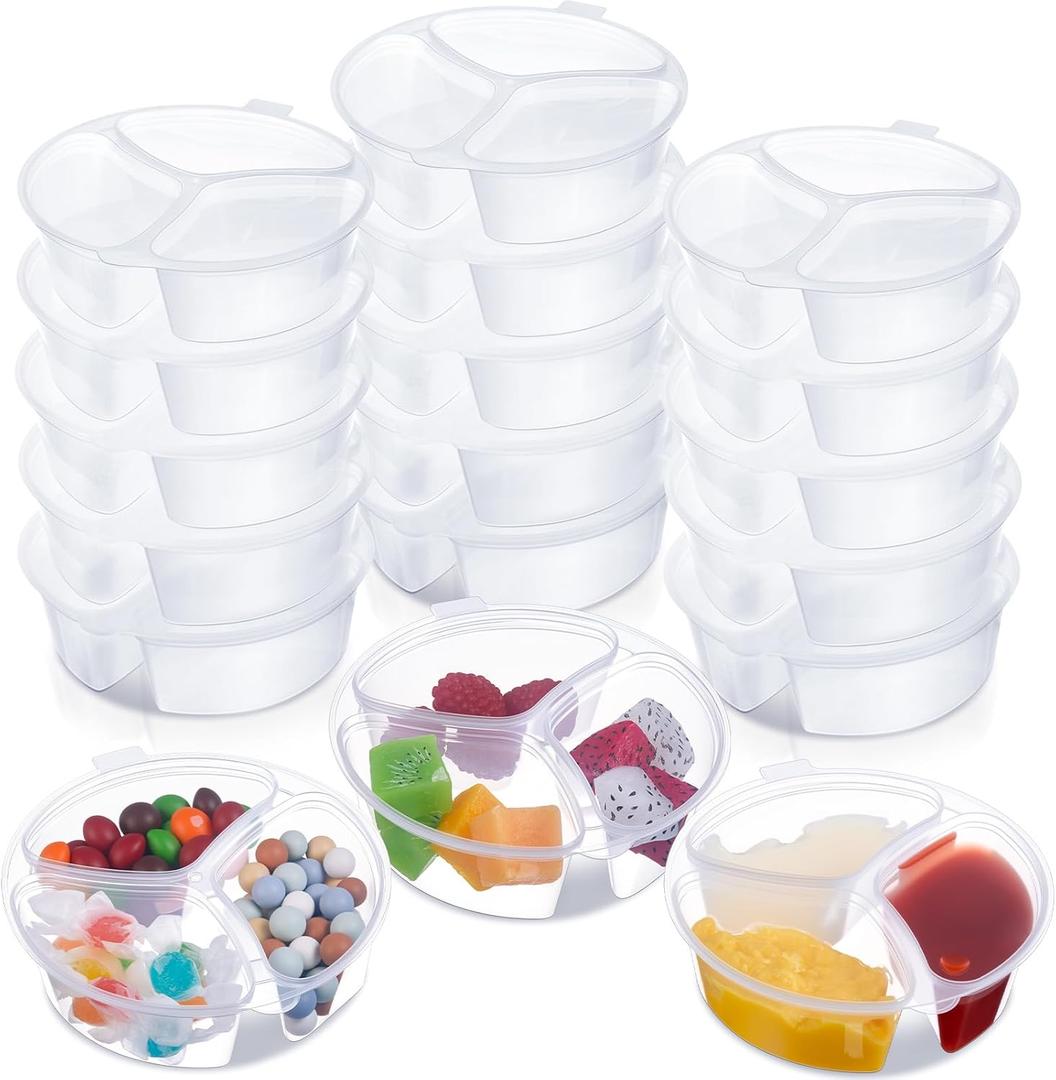 15 Pcs 3 Compartment Snack Containers with Lids Reusable 6 oz Mini Snack Pack Containers for Sauce, Dips, Salad Dressing, Takeout, Microwavable, Leak-proof
