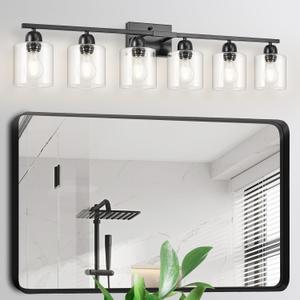 6 Light Black Bathroom Vanity Light, Vanity Lighting Fixtures with Clear Glass,38 inch Black Light Fixture Bathroom for Oversized Mirrors Living Room Bedroom Hallway E26 Base