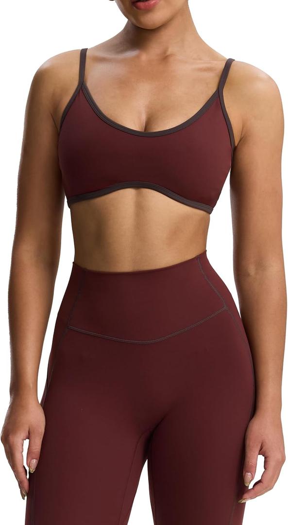 Aoxjox Women's Color Block Workout Sports Bras Fitness Lexi Lined Strappy Bra Athletic Yoga Crop Tank (Raisin/Mulch)