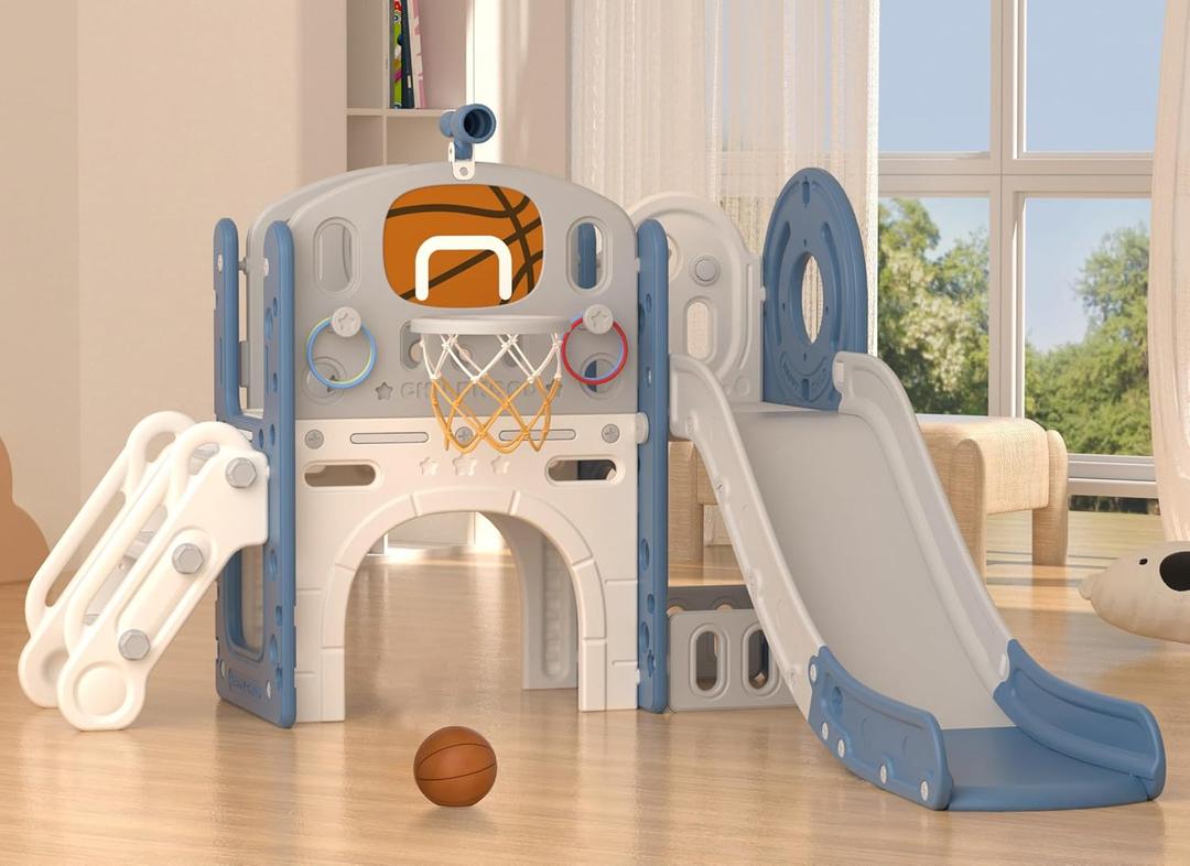 YUFU 9 in 1 Toddler Slide Set, Kids Slide for Toddlers Age 1-3, Toddler Playset with Ring Toss, Basketball Hoop and Telescope, Kids Indoor Outdoor Playground (Blue+Gray)