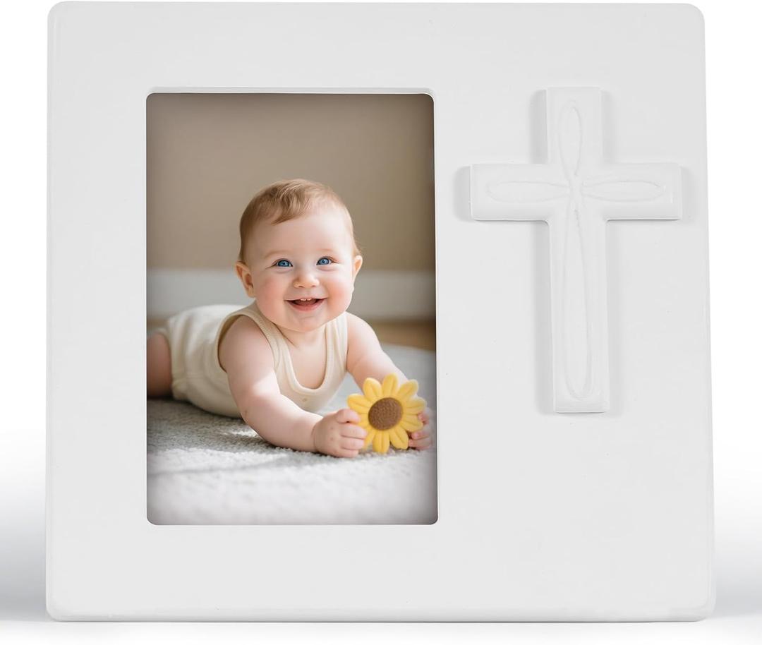 Baptism Picture Frame, First Communion Frame for Girls, Baptismal Gift For Boys, White Wooden Cross Design Religious Photo Frame Baby Christening Gifts 3.5" X 5"