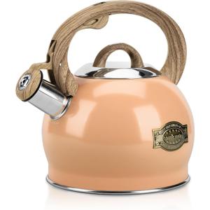 Tea Kettle Stovetop, 2.1 Quart Stove Top Whistling Tea Kettle, Teapot Kettles with Food Grade Stainless Steel and Wood Pattern Folding Handle, Suitable for All Heat Sources (Peachy)