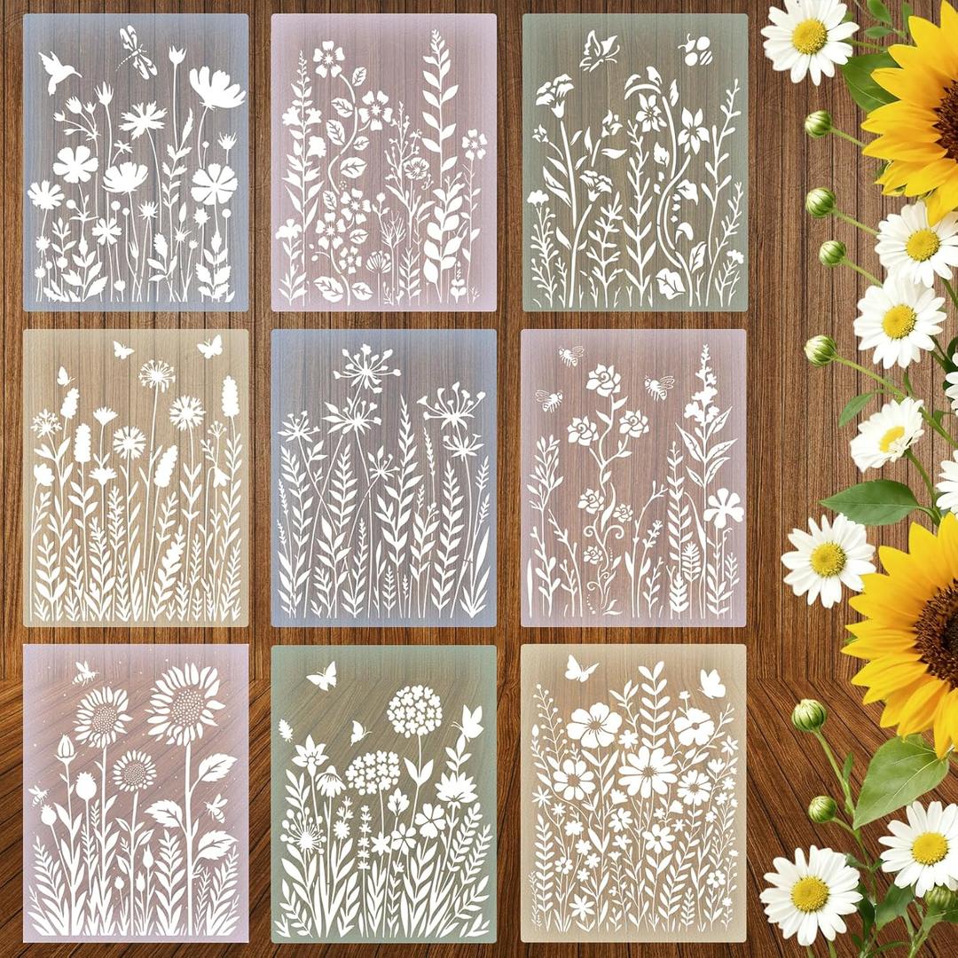 9 Pcs Large Wildflower Wall Stencils for Painting 11x14.5 Inch Large Flower Stencils for Painting on Walls Wood Reusable Plastic Floral Stencil for DIY Furniture Wall Home Craft Art