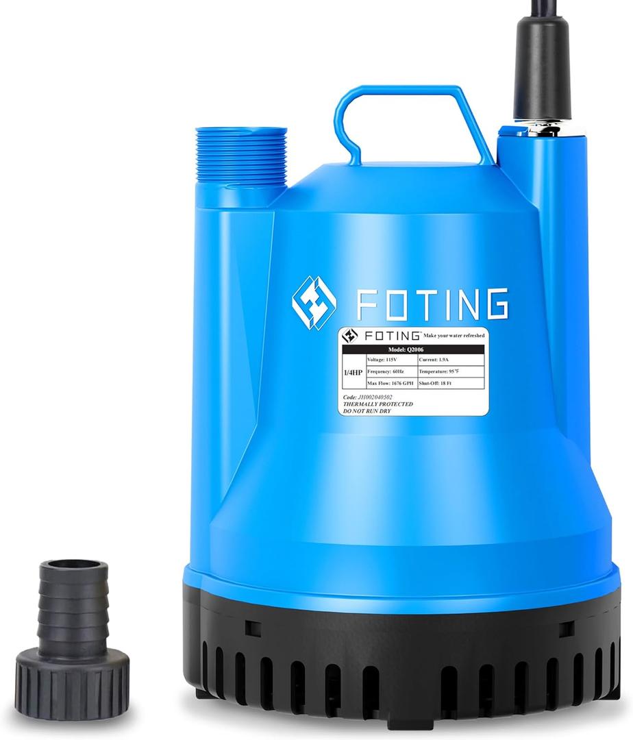 FOTING Submersible Water Pump - 1/4HP Utility Pump - 1676GPH Thermoplastic Electric Portable Transfer Water Pump - 10-Foot Cord for Pool, Tub, Garden, Pond Draining