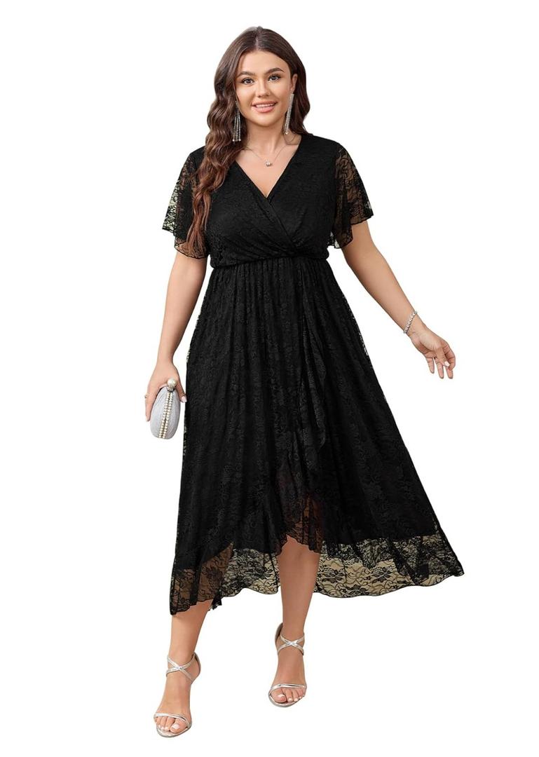 SCOMCHIC Womens Plus Size Wedding Guest Dress Formal Lace Wrap V Neck High Low Short Sleeve Cocktail Maxi Dresses, size 3XL