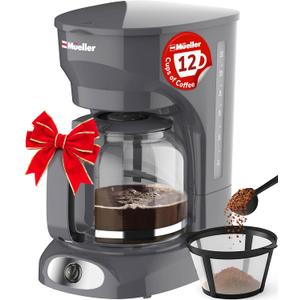 MUELLER HOME 12-Cup Drip Coffee Maker Perfect for Home or Office, Borosilicate Carafe, Auto-Off, Reusable Filter, Anti-Drip, Keep-Warm Function, Clear Water Level Window, Gray