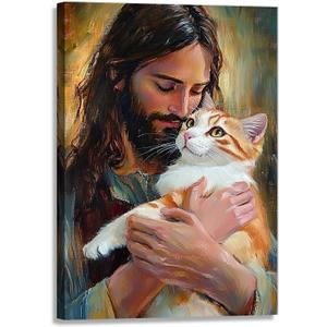 Jesus Animal Wall Art Jesus Holding Cat Pictures Print Watercolor Cute Cat Posters Christian Religious Painting Artwork Christ Home Decoration Framed(Artwork-1,16"x24"), 24L" x 16W"