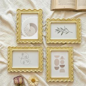 Novabright 4 Set 4'' x 6'' Scalloped Picture Frame with Mat Scalloped Edge Wooden Photo Frames with Real Glass - Wall Mount and Tabletop Display for Home Decor Wedding Gifts, Golden