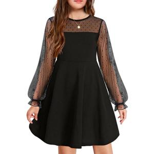 Arshiner Girl's Contrast Mesh Puff Long Sleeve High Waist A Line Short Dress with Pockets for 6-13 Years (Black)