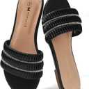 MOAILAOZI Women's Flat Sandals Pleated Leather & Rhinestone Strappy Slides With Soft Memory Foam Insole, Beach Leather Slippers for Summer Vacation (8, Black)