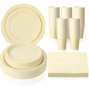 Tioncy 200 Pcs Disposable Paper Plates Cups and Napkins Party Supplies Serve 50 Guests Disposable Paper Dinnerware Set for Graduation Birthday Wedding Baby Shower Family Picnic(Yellow)