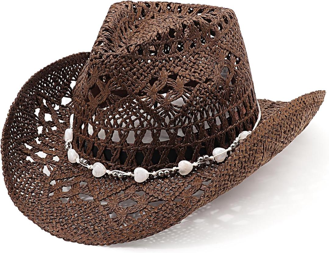 DRESHOW Straw Cowboy Cowgirl Hat for Women Men Western Coastal Cowboy Beach Hat with Shapeable Brim Unisex Rolled up Caps (Medium, 1 Pack Hollowed Pattern: Coffee) DRESHOW Straw Cowboy Cowgirl Hat for Women Men Western Coastal Cowboy Beach Hat with Shapeable Brim Unisex Rolled up Caps (Medium, 1 Pack Hollowed Pattern: Coffee)